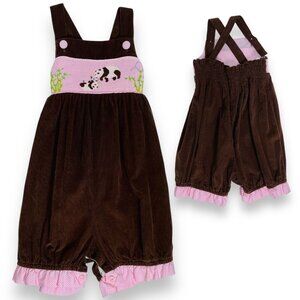 NWT Beaux et Belles Baby Girls Panda Bear Smocked Bubble Romper Outfit 6m / 9m